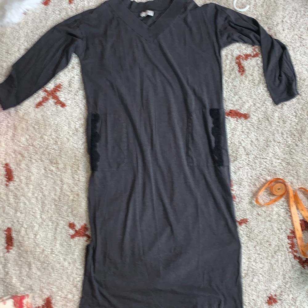 Pluto- Sz 40 (XL)- L.S T-Shirt Dress W/ Embroidered Lace Pockets- Dark Grey